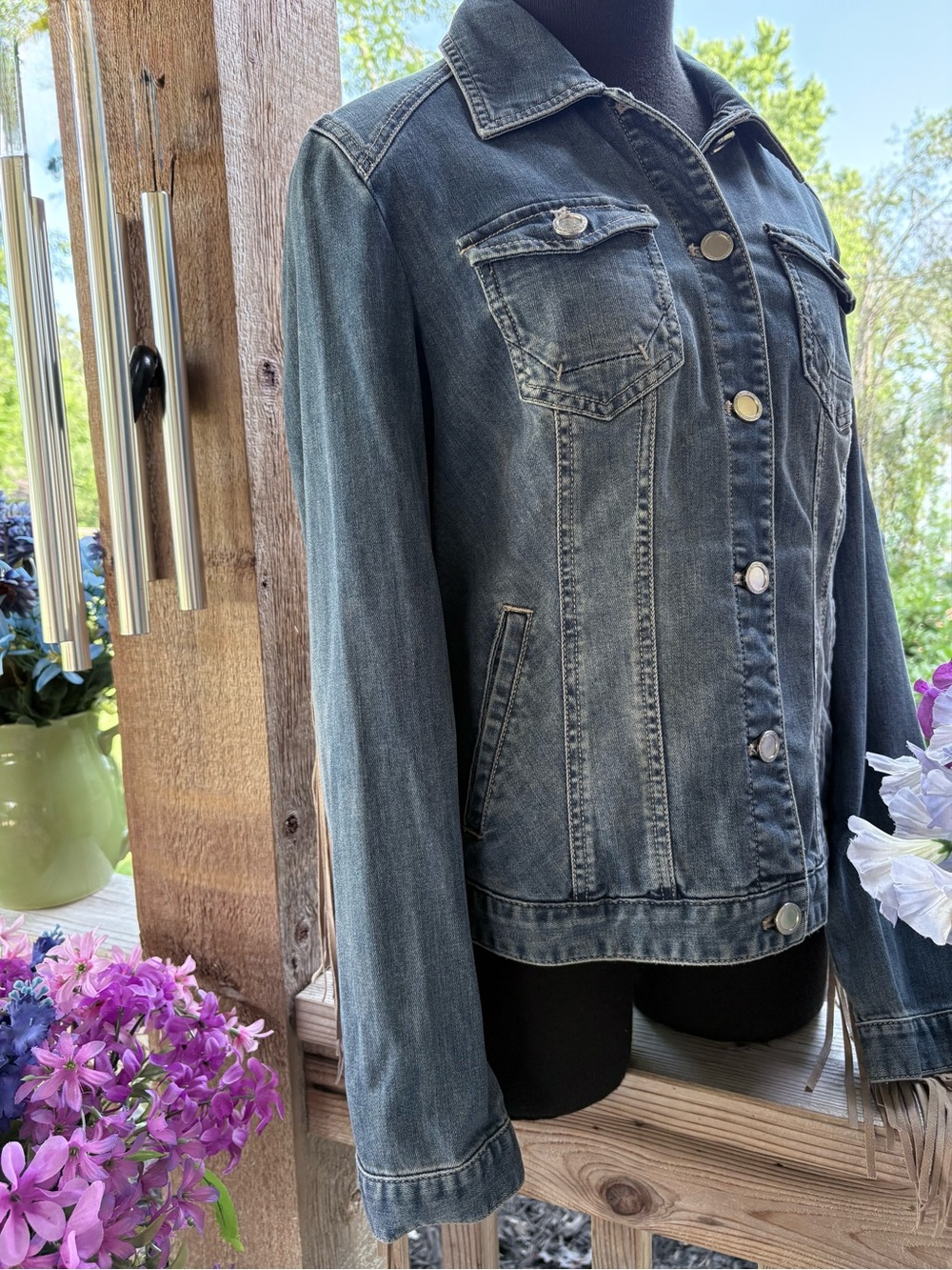 Chico’s Denim Blue Jean Western/Festival Faux Suede Long Fringed Jacket NWT S - Picture 6 of 12